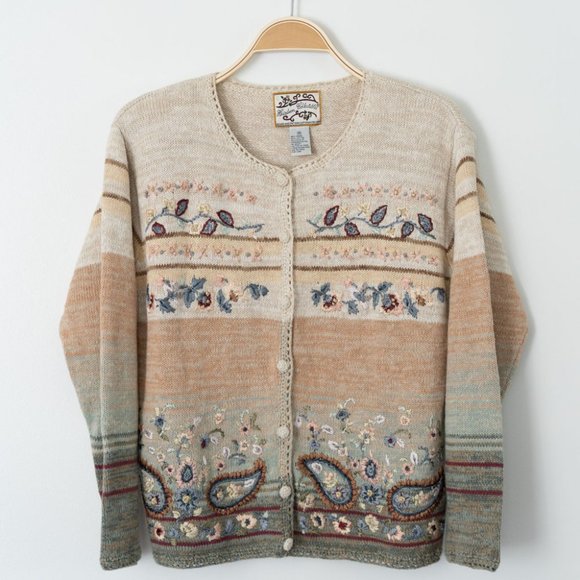 Heirloom Collectibles Womens Paisley Button Front Knit Sweater Sz Medium Tan - Picture 1 of 7